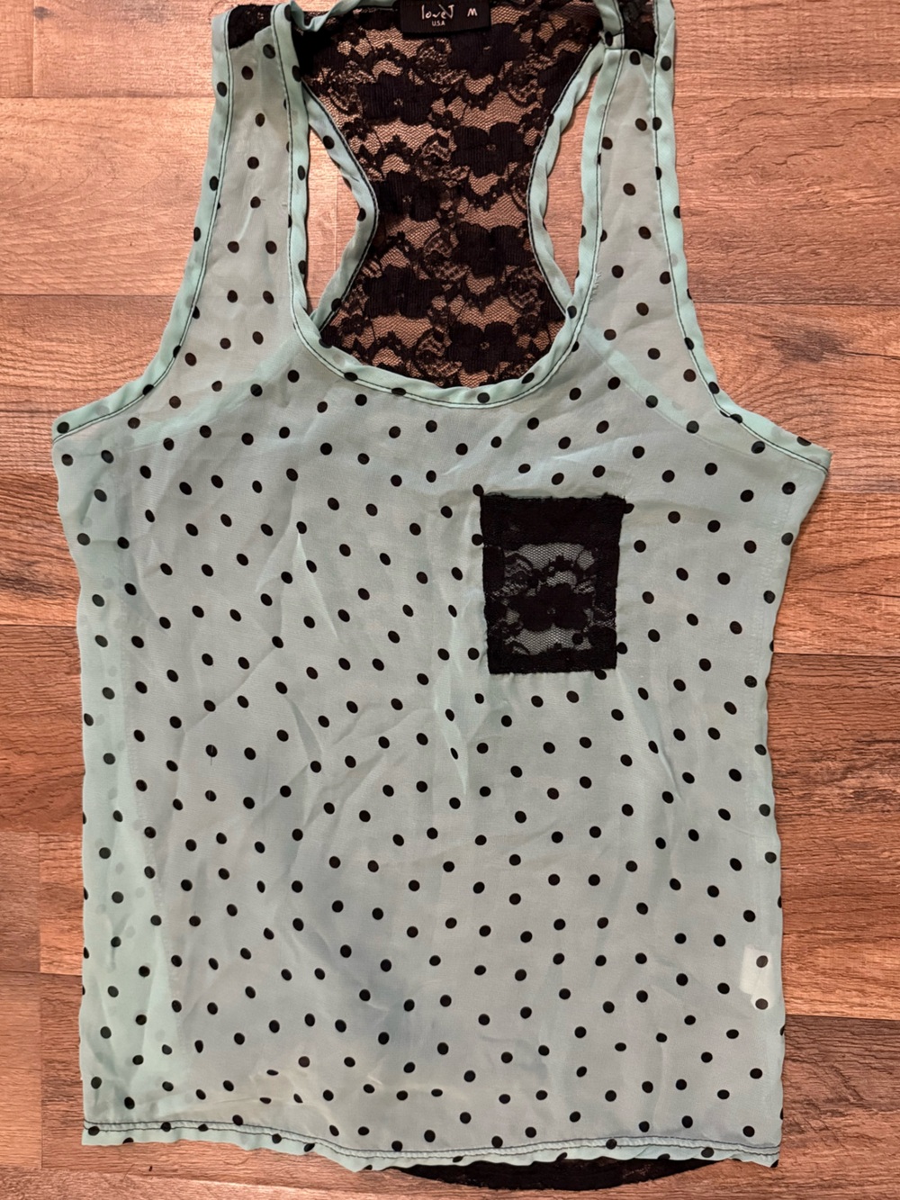 Love J USA Mint Green Polka Dot Sheer Lace Racerback Tank Top •Size Medium• Y2K